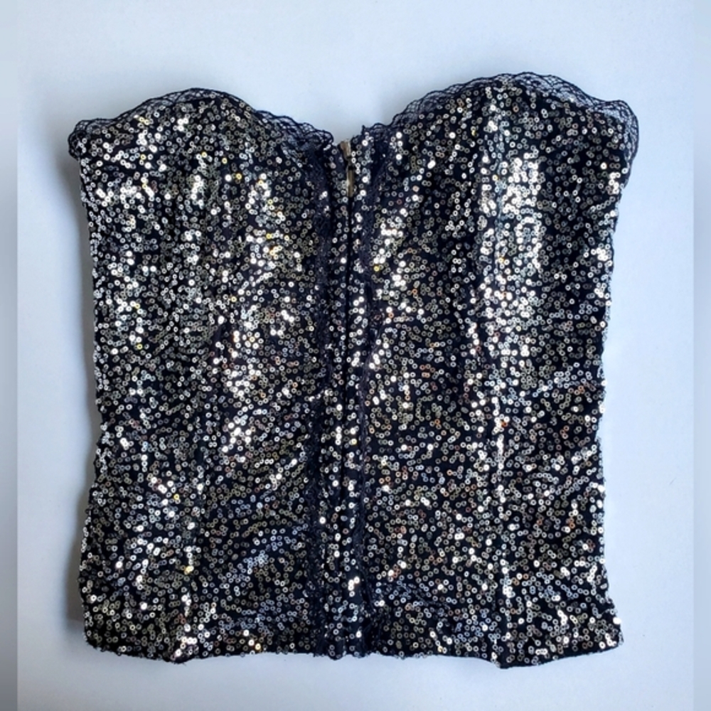Vintage Y2K sequin top Oh Yes black silver corset zip up bustier Festival Small